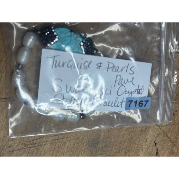 Turquoise & Pearl Stretch Bracelet With Swarovski Crystal Pave Accents - Picture 6 of 12